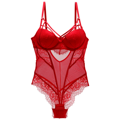 Bodysuit Women Push Up Red Strappy Cup Eyelash Lace Floral Pattern Padded Underwire Lingerie Women Shapewear High Quality